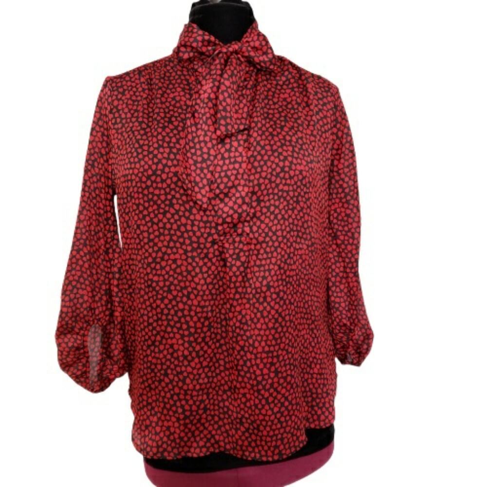 New York & Company Stretch Heart Print Red Black Collared Tie Mock Neck Blouse S